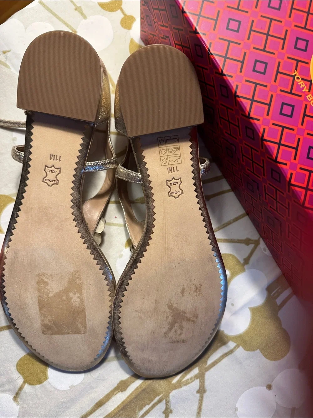Tory Burch Metallic Gold Floral T-Strap Sandals - Women, NIB, Size 11 with bag